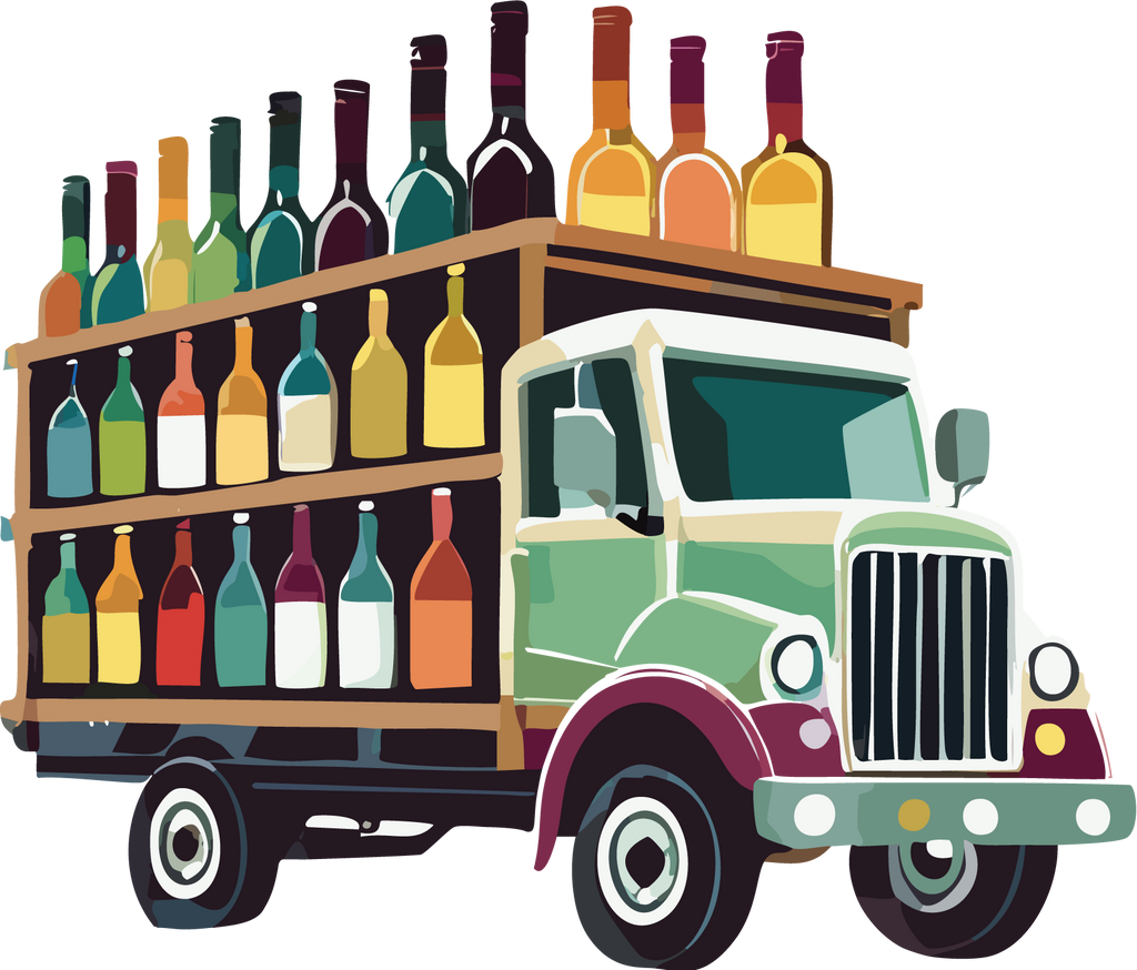 Illustrasjon av lastebil med vinflasker på lasteplanet