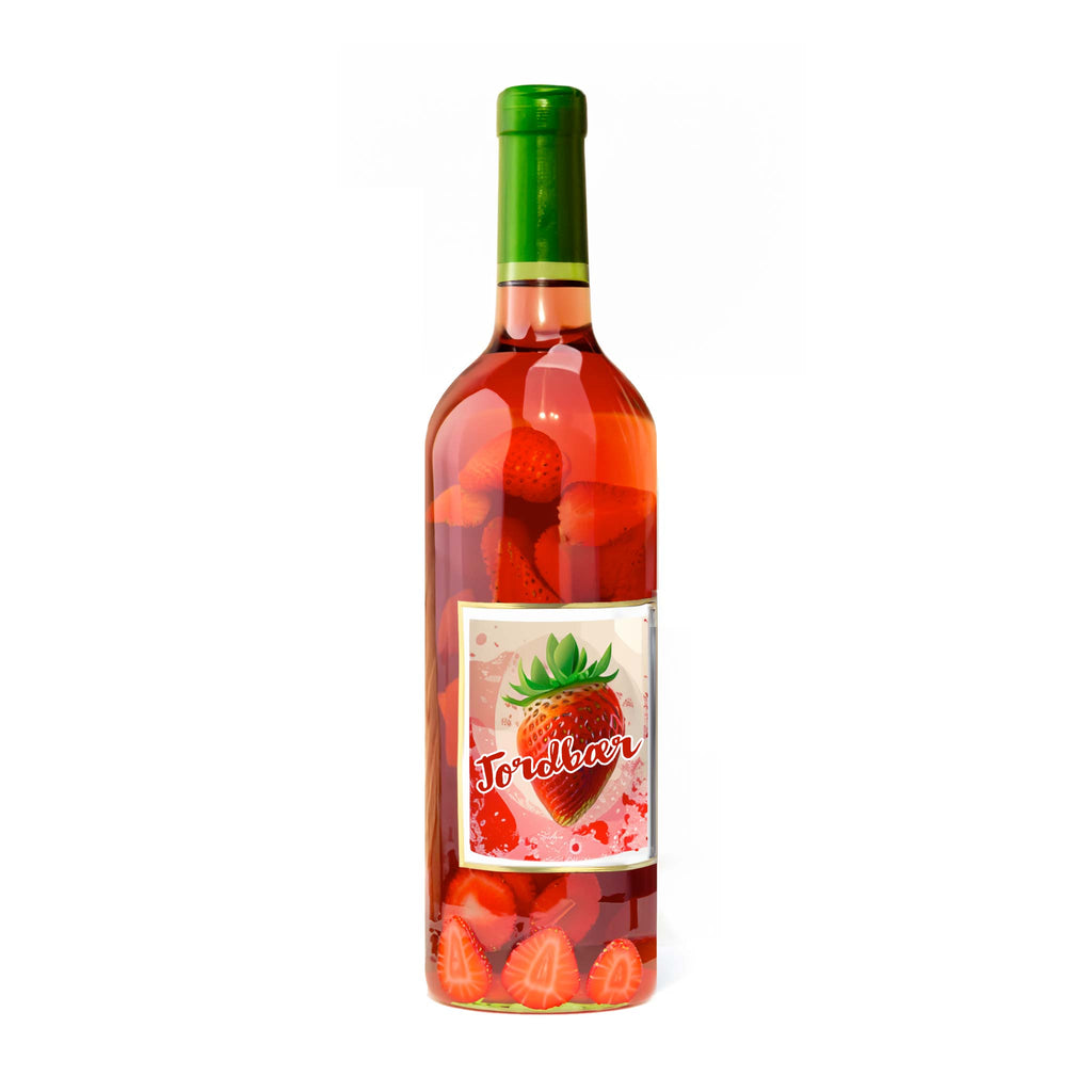 Illustrasjon av en flaske jordbærvin